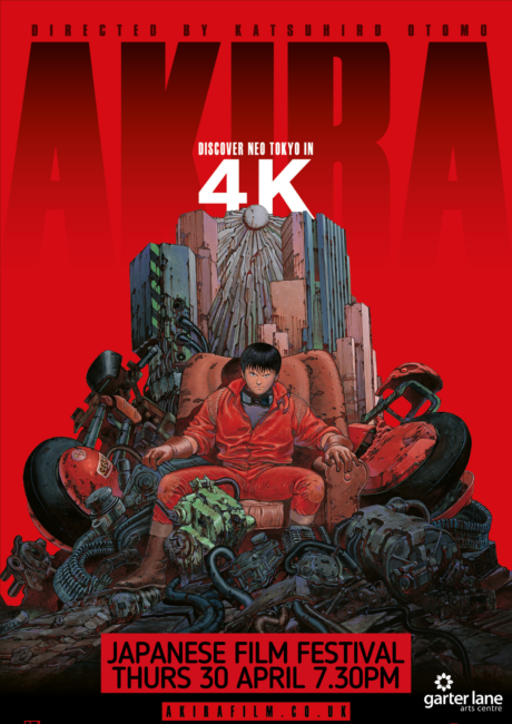 Dark red background, distopian Japanese anime sche with lead charater iin red sitting atop a throne.