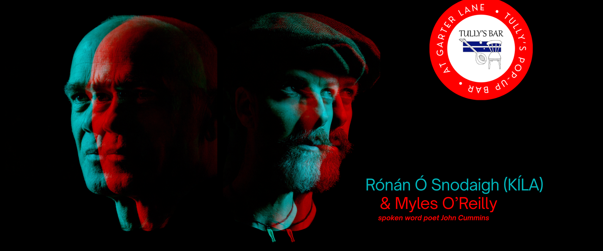Large scale portraits of both Rónán Ó Snodaigh and Myles O'Reilly outlined in a red and blue 3-D effect colour-way.